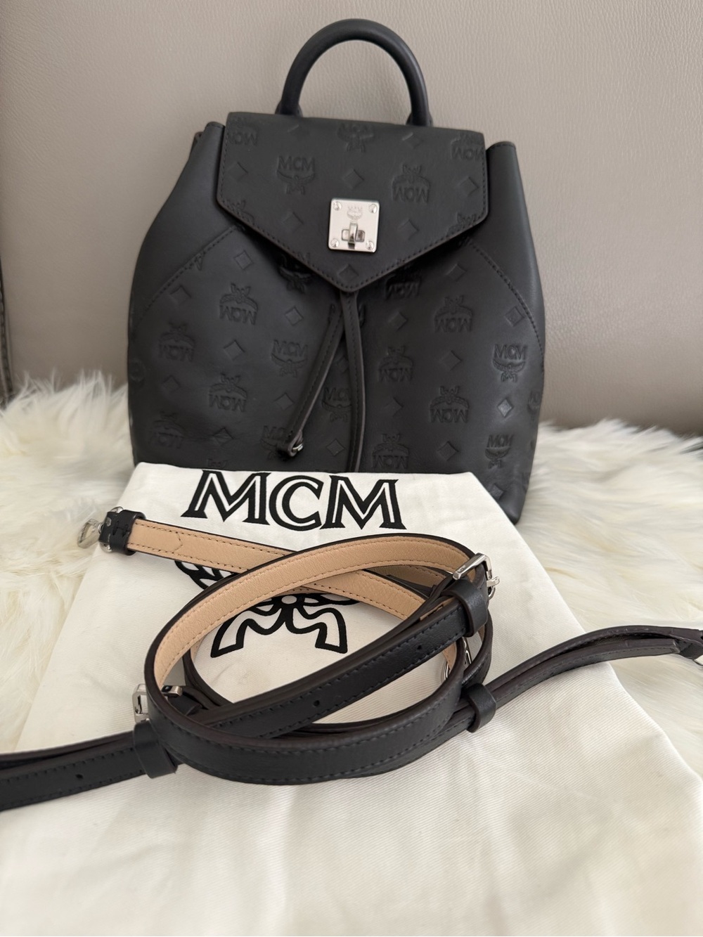 MCM Black Leather Stark Drawstring Backpack with Silver Hardware
